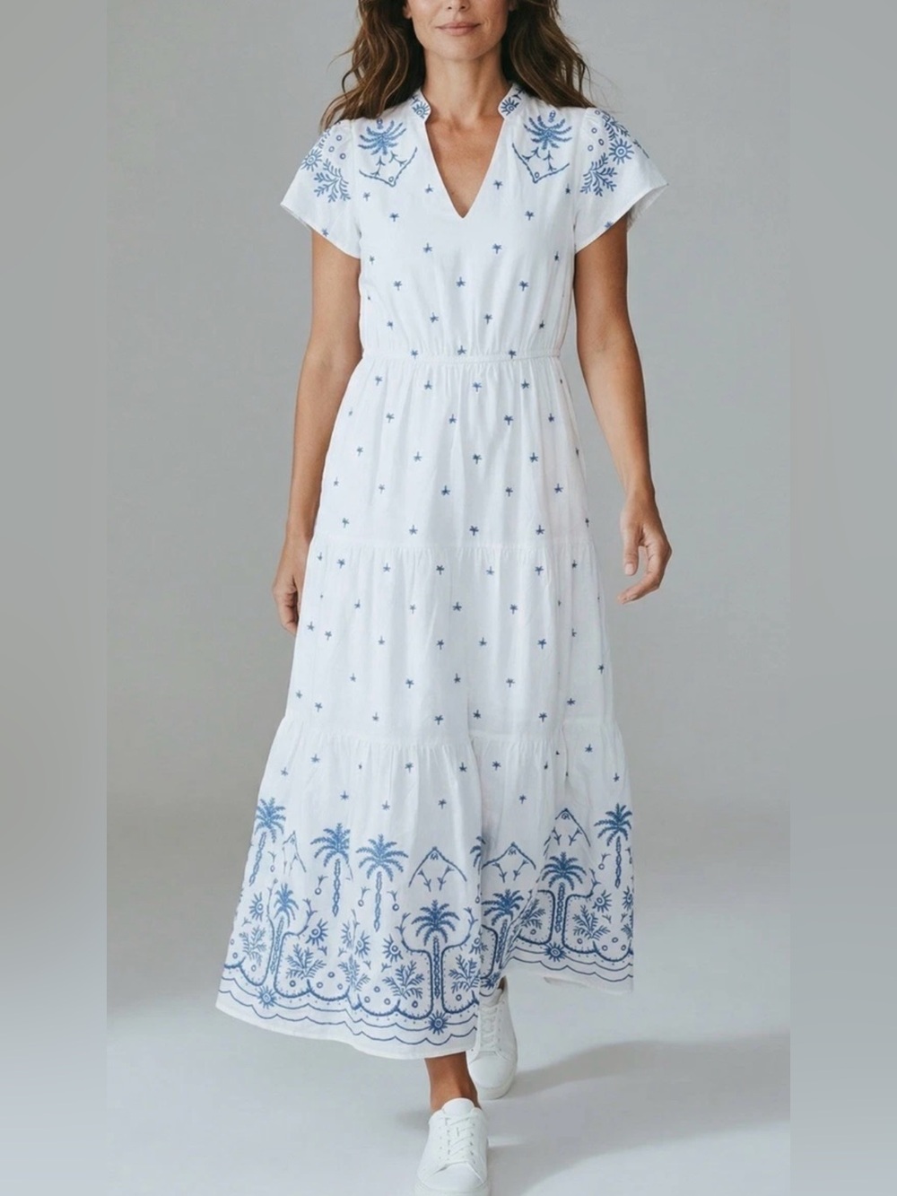 CALYPSO ST BARTH BLUE AND WHITE EMBROIDERY V-NECK MAXI DRESS M NWT - Picture 3 of 15